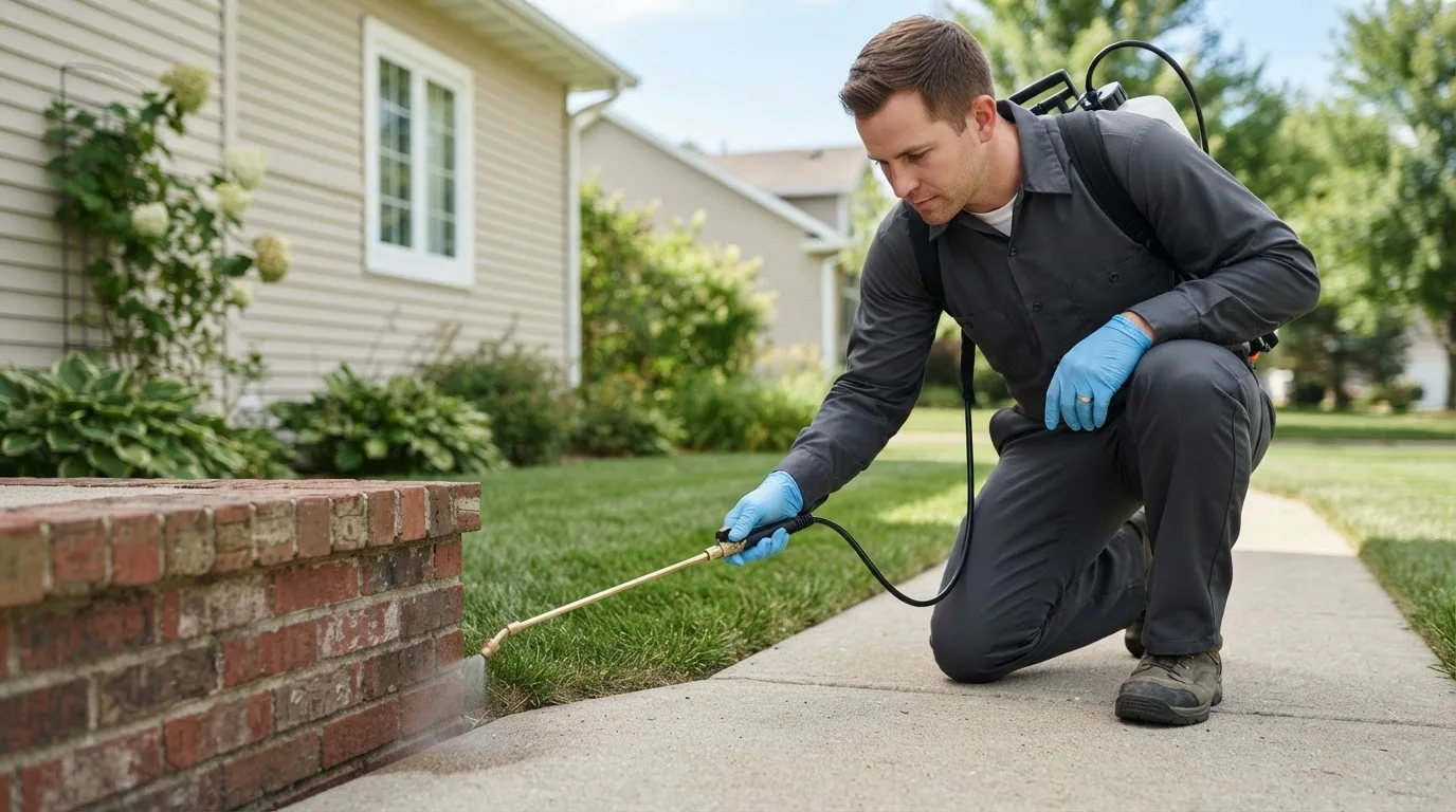 Pest control technician treating a home near Shelburne Falls, MA
